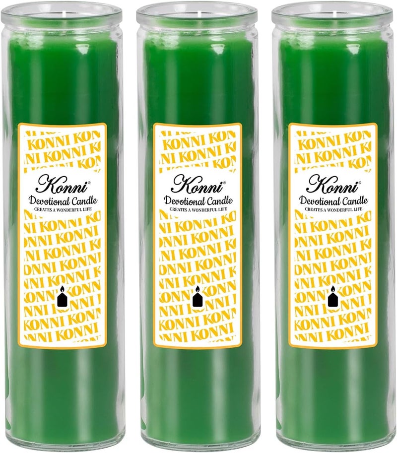 KONNI 2x8 Inch Green Pillar Candles in Glass Set of 3, Devotional Prayer Candle, Unscented Religious Candles, 105 Hours Emergency Long Burning, Ideal for Memorials, Vigil, Blessing - Image 1
